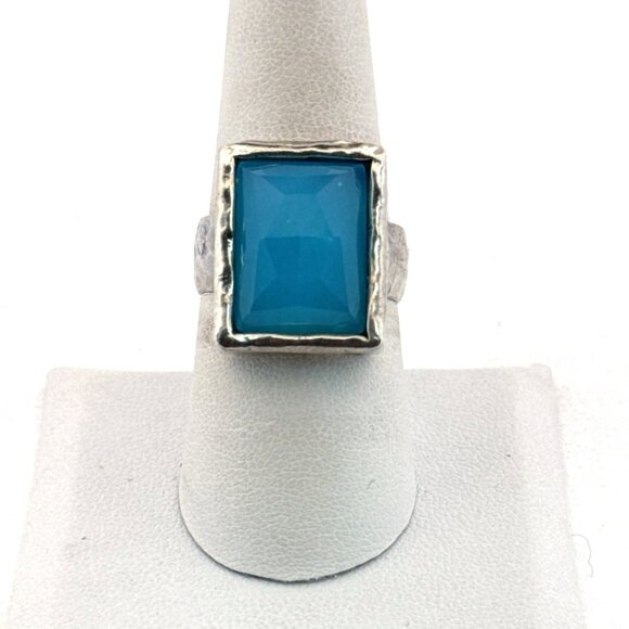 Estate Sterling Silver 925 Hammered Band Blue Rectangular Gemstone Ring Size 8 - Picture 1 of 8